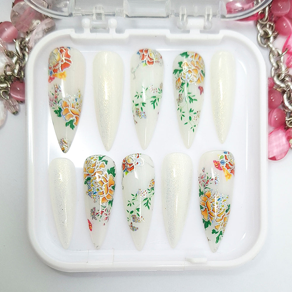 White Oriental Press On Nails
