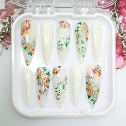 White Oriental Press On Nails