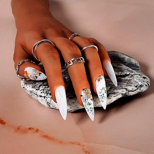 White Oriental Press On Nails