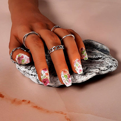 hand made milky white short coffin press on nails with flowers and gold flakes