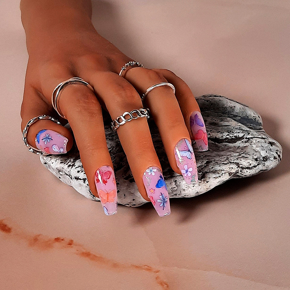 hand made pink coffin press on nails with flowers and butterflies