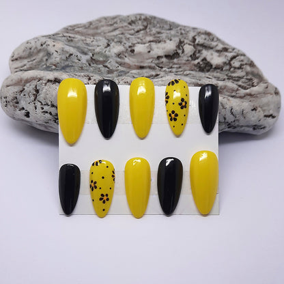 Black & Yellow Floral Press On Nails