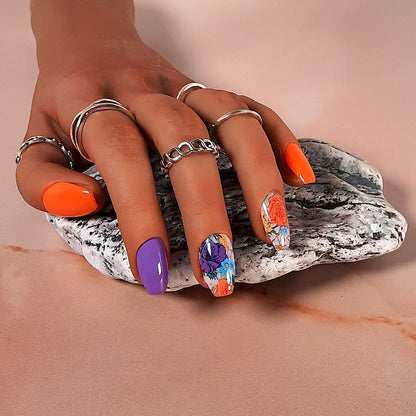 hand made purple, orange and white coffin press on nails with flowers