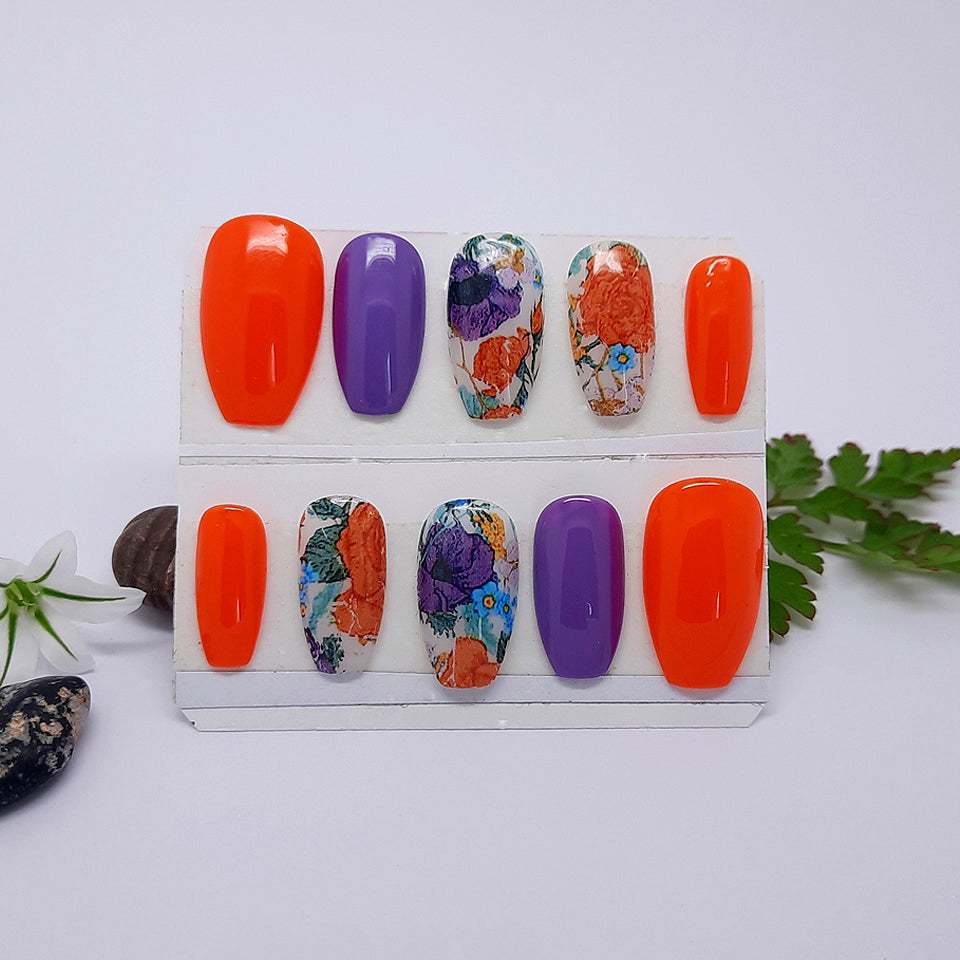Orange & Lilac Floral Press On Nails
