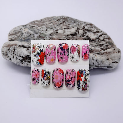 Abstract Press On Nails with Flowers