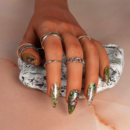 hand made green jelly stiletto press on nails with animal print, flowers and rose gold studs