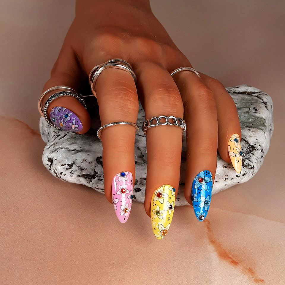 hand made colourful almond press on nails with gems