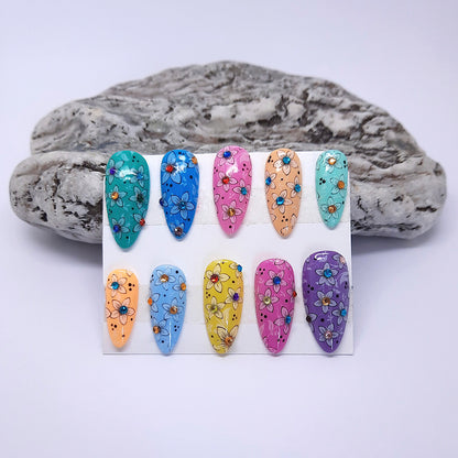 Colourful Press On Nails with Flowers & Gems
