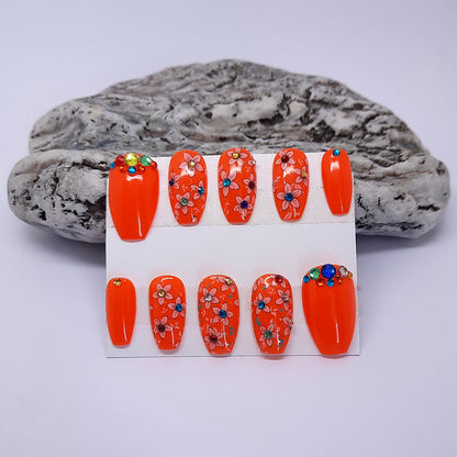 Orange Press On Nails with Flowers & Gems