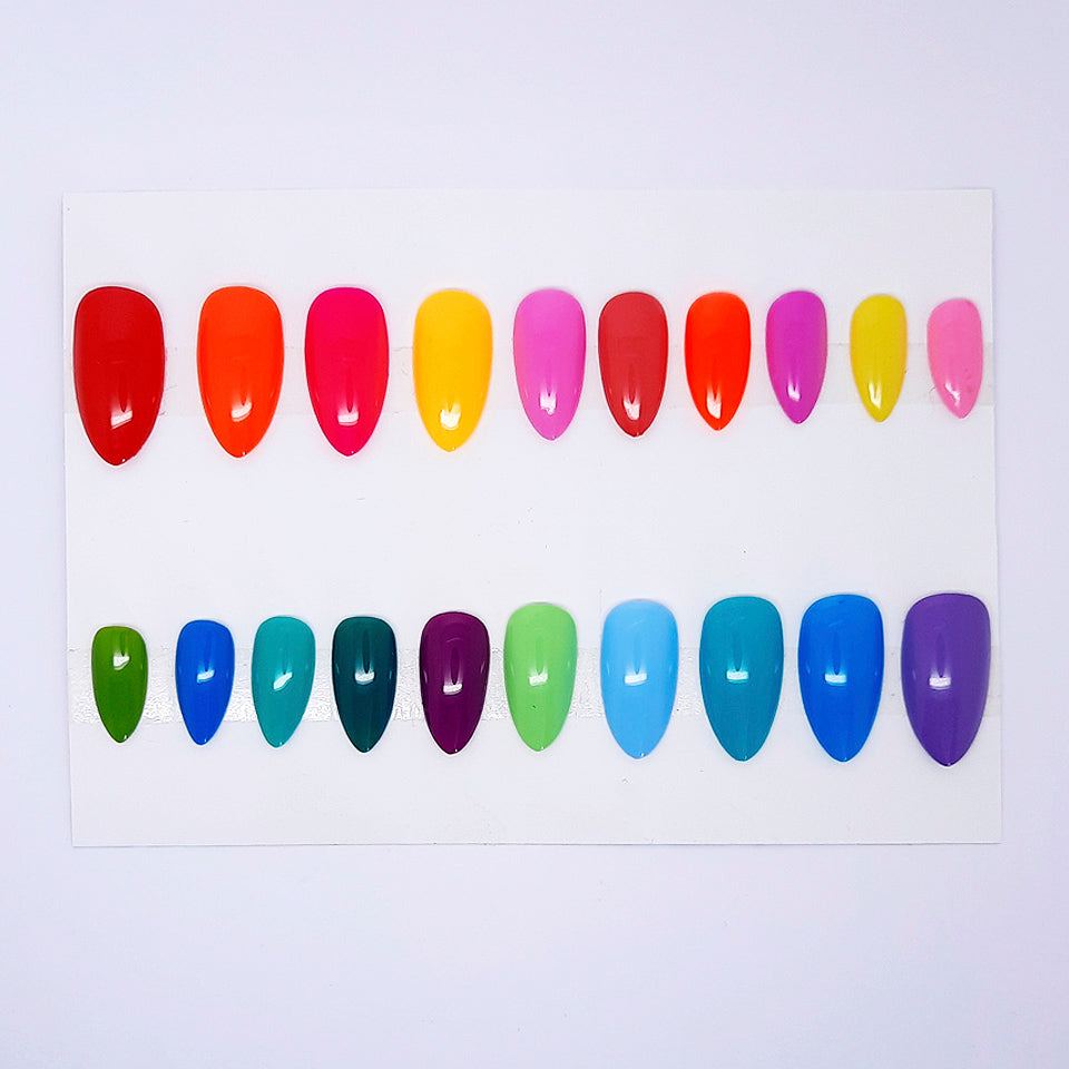 Nail color swatch chart with various colors on a white background