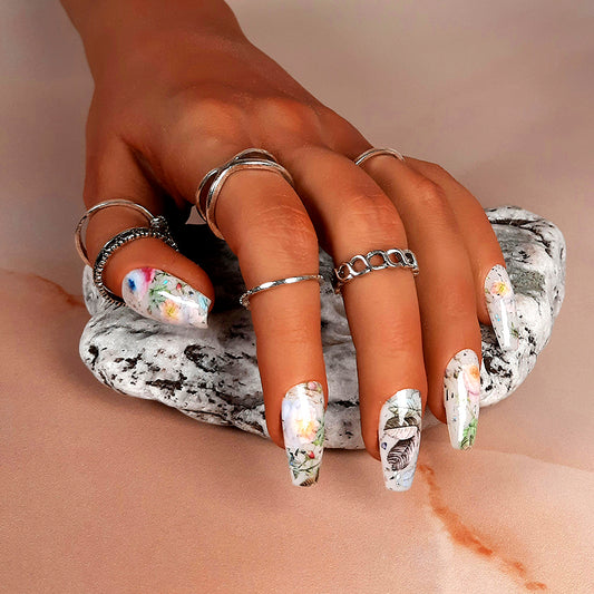 White Press On Nails with Flowers & Silver Flakes