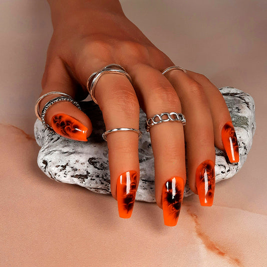 full 20 nail set of orange hand made press on nails with black smoke design