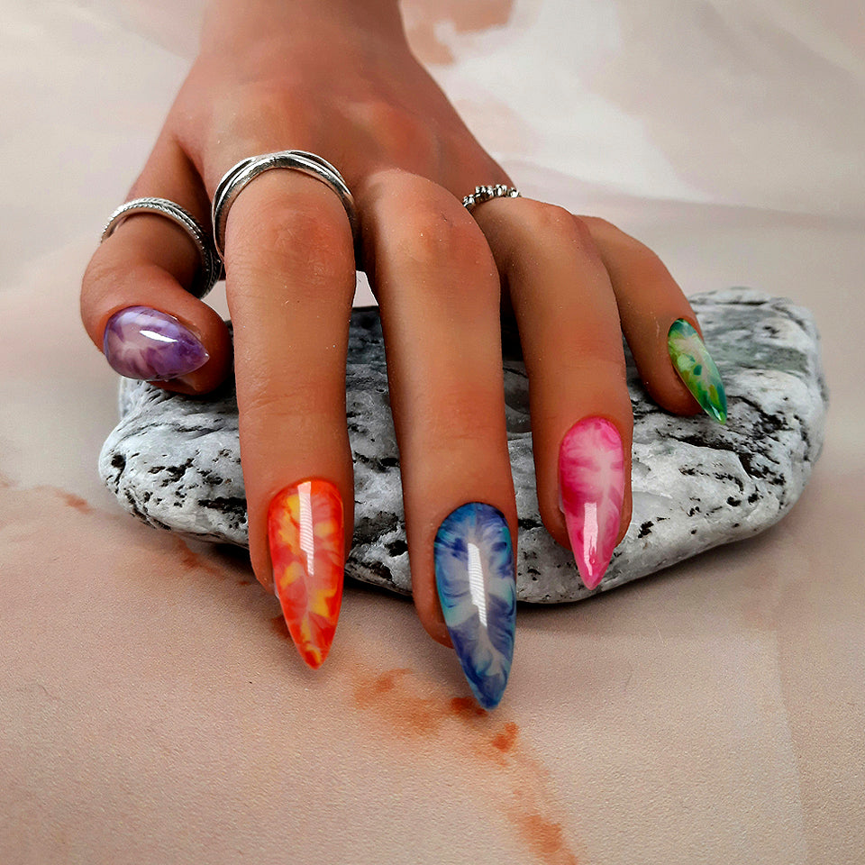 hand painted colourful marble press on nails
