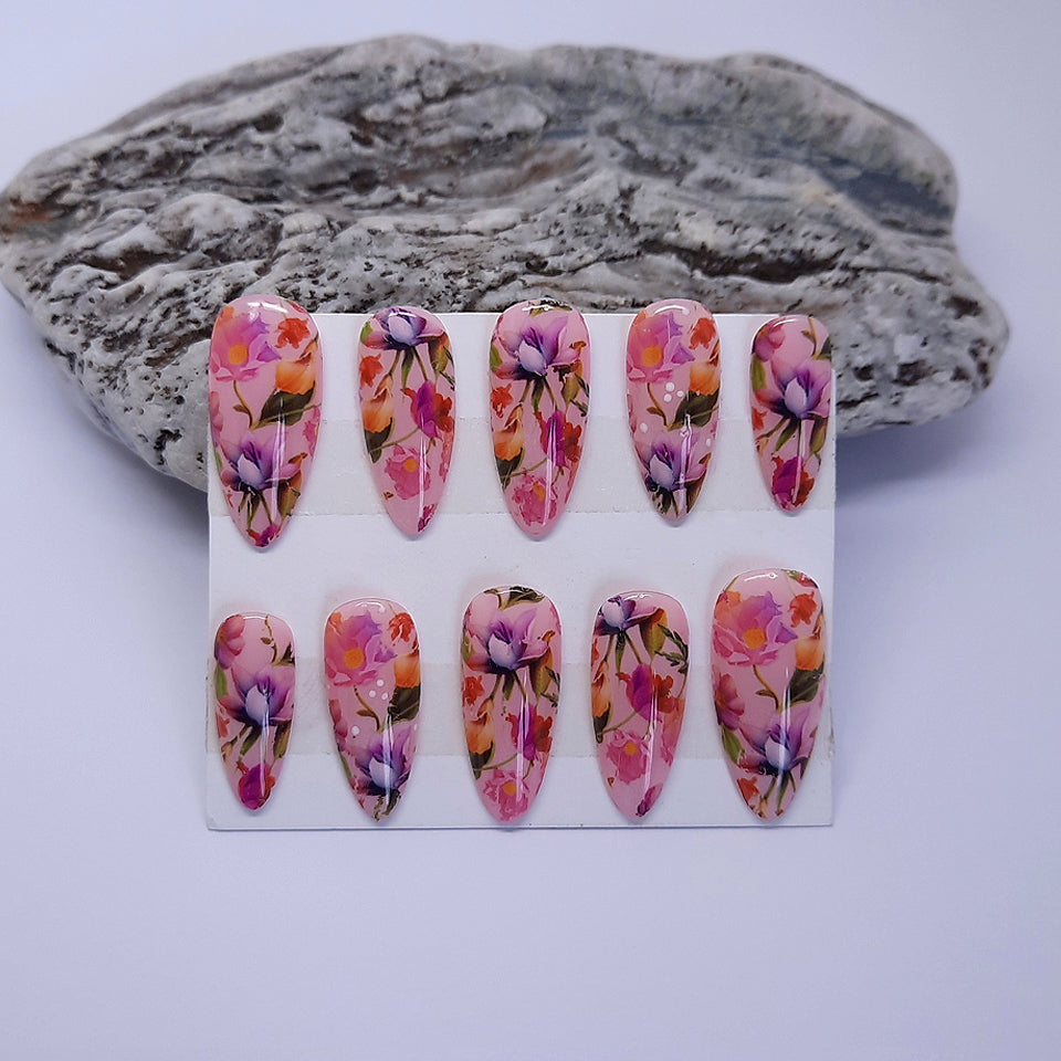 pink press on nails with flowers