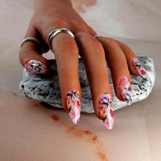 pink press on nails with flowers