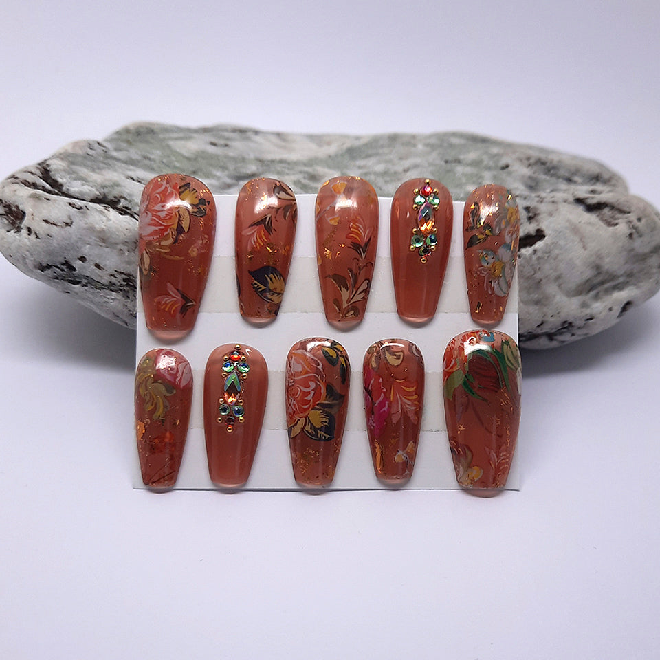 Brown Press On Nails with Flowers, Leaves & Crystals
