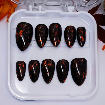 Glossy Black Press On Nails with Burnt Gold Flecks