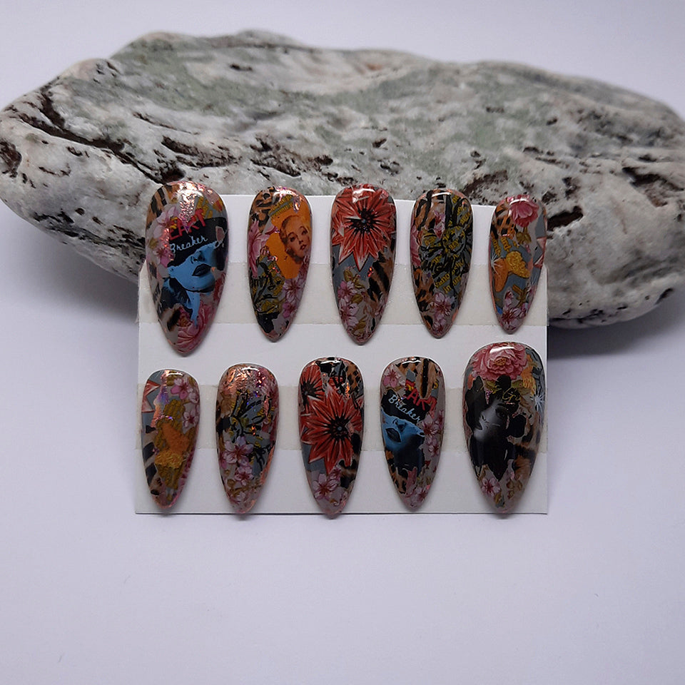 hand made reusable press on nails with a pop art design