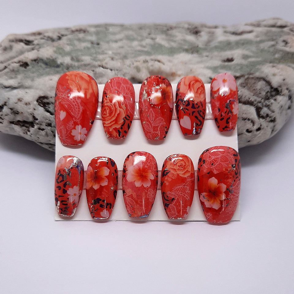 hand made short coffin press on nails in coral with flowers, animal print and white lace