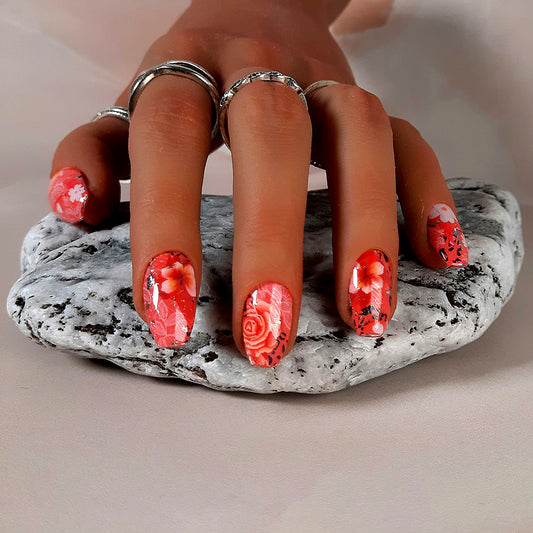 hand made coral press on nails with flowers, animal print and white lace