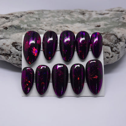 hand made black almond press on nails with pink and purple foil