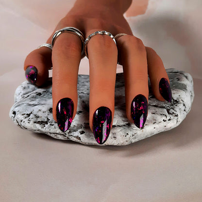 hand made black almond press on nails with pink and purple foil