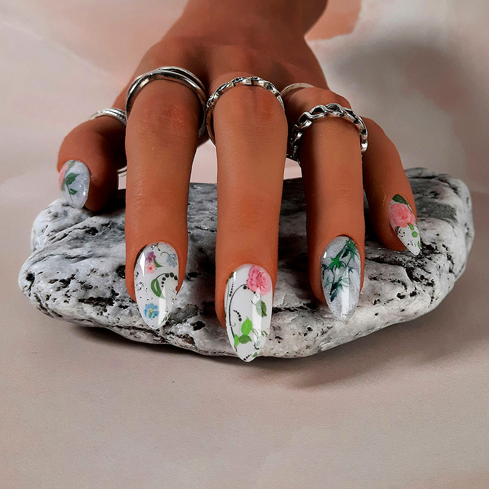 milky white hand made press on nails with glitter and pink roses and lily of the valley flowers