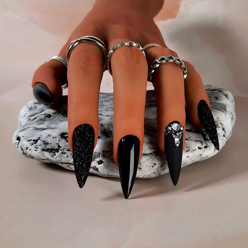 black hand made press on nails with glitter and crystals