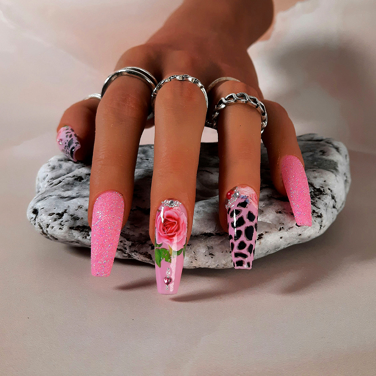 hand made pink press on nails with roses, animal print, glitter and crystals