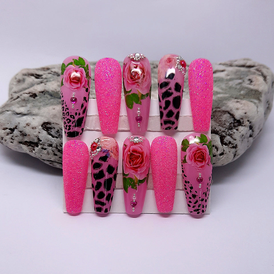 hand made pink press on nails with leopard print, roses, glitter and crystals