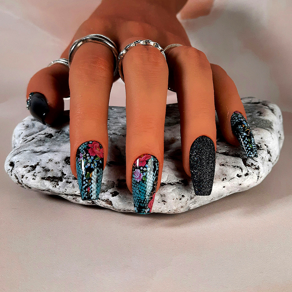Hand made black coffin press on nails with snakeskin, flowers, glitter and gems