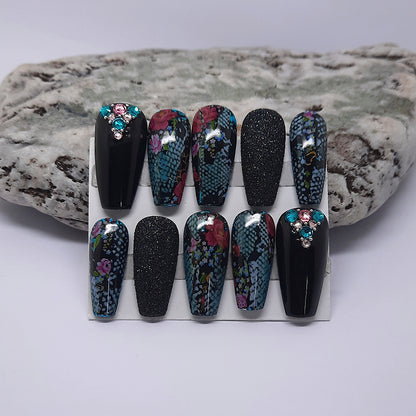 Hand made black coffin press on nails with snakeskin, flowers, glitter and gems