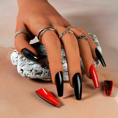 black and red peek-a-boo Louboutin style press on nails with a black lace accent