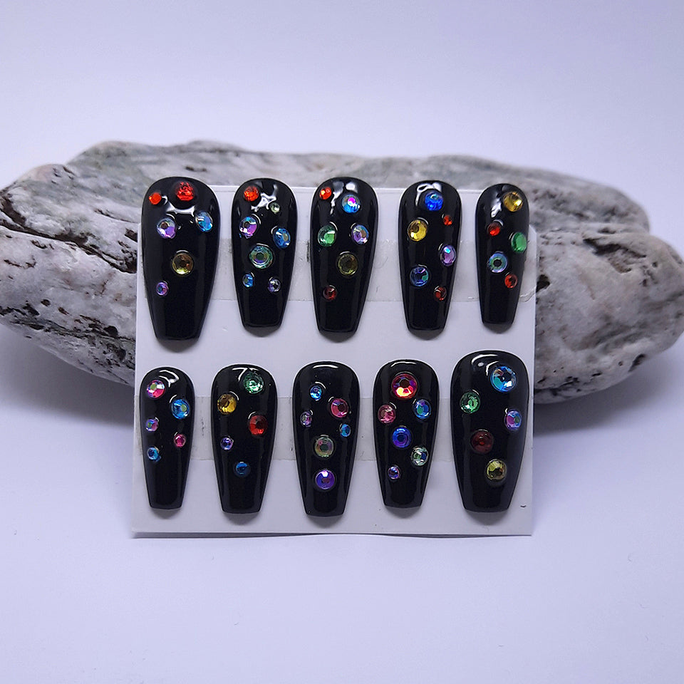 Black hand made press on nails with coloured gems