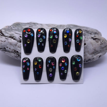 Black hand made press on nails with coloured gems