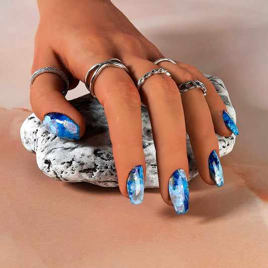 Beautiful blue hand made press on nails with flowers and gold foil