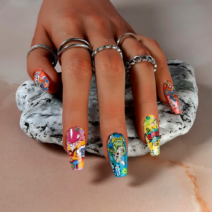 A stunning set of hand made press on nails with a colourful cartoon comic strip design.