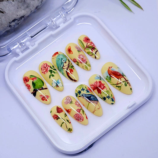 Pastel Yellow Press On Nails with Birds, Flowers & Butterflies