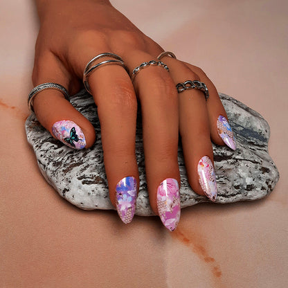 Pretty pale pink hand made press on nails with flowers and butterflies.