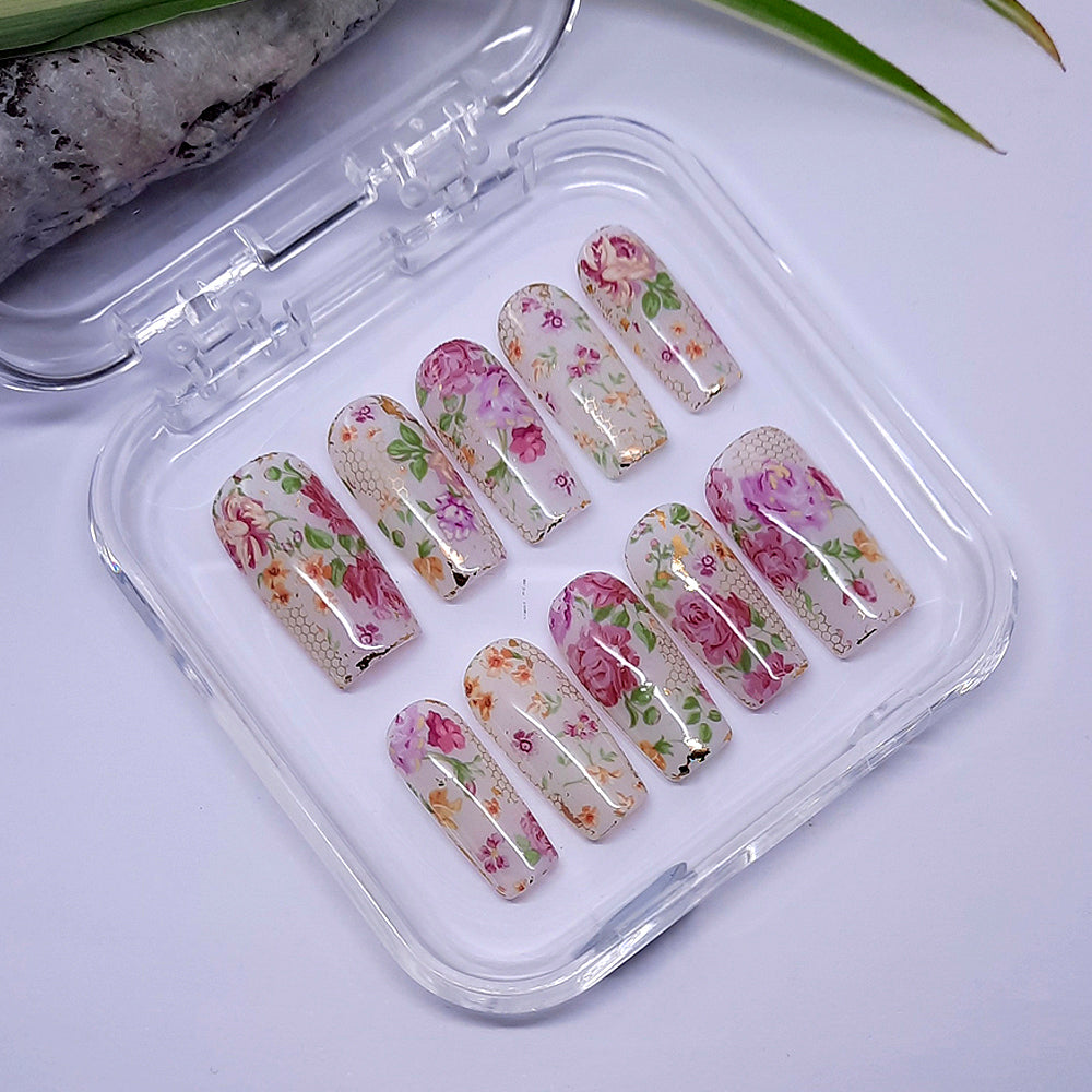 Pretty milky white hand made medium square press on nails with pink roses.