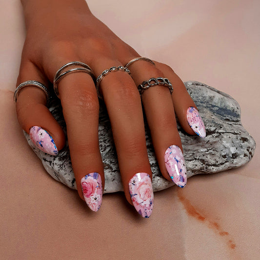 pretty pink hand made almond press on nails with flowers
