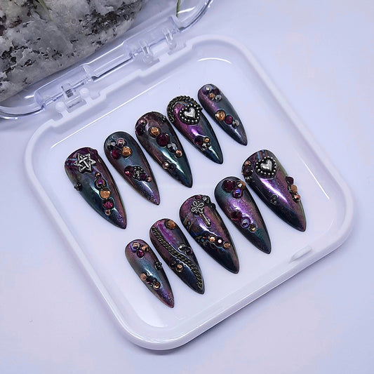 stunning hand made stiletto press on nails with chrome and 3d nail art