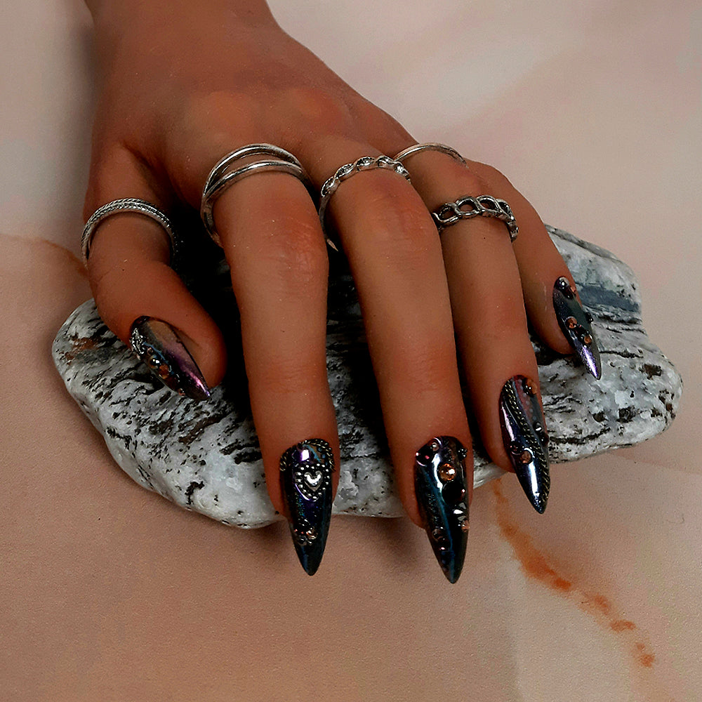 stunning hand made stiletto press on nails with chrome and 3d nail art