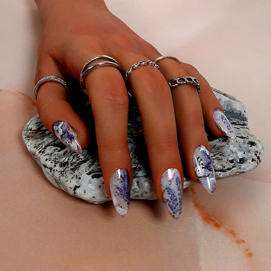 beautiful hand made press on nails in milky white gel polish, with lavender, flowers and butterflies