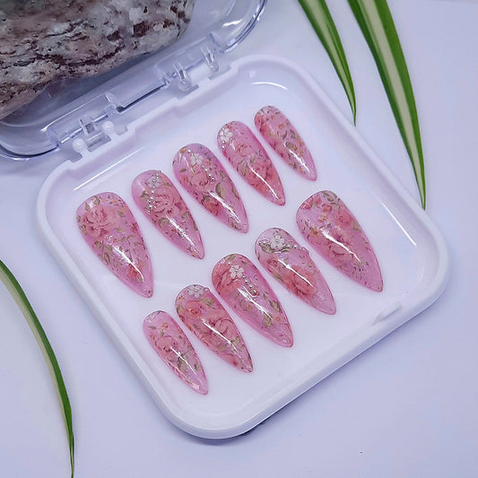 hand made pink jelly stiletto press on nails with roses and 3d nail art