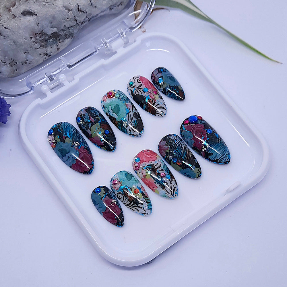 funky abstract hand made press on nails with flowers and studs