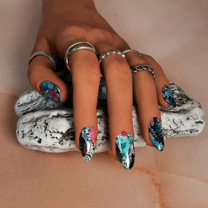 funky abstract hand made press on nails with flowers and studs