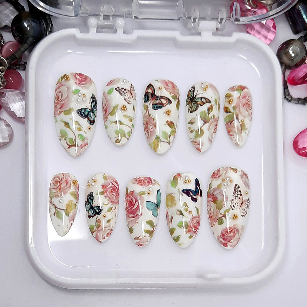 White Press On Nails with Roses & Butterflies