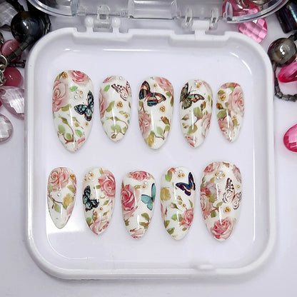 White Press On Nails with Roses & Butterflies