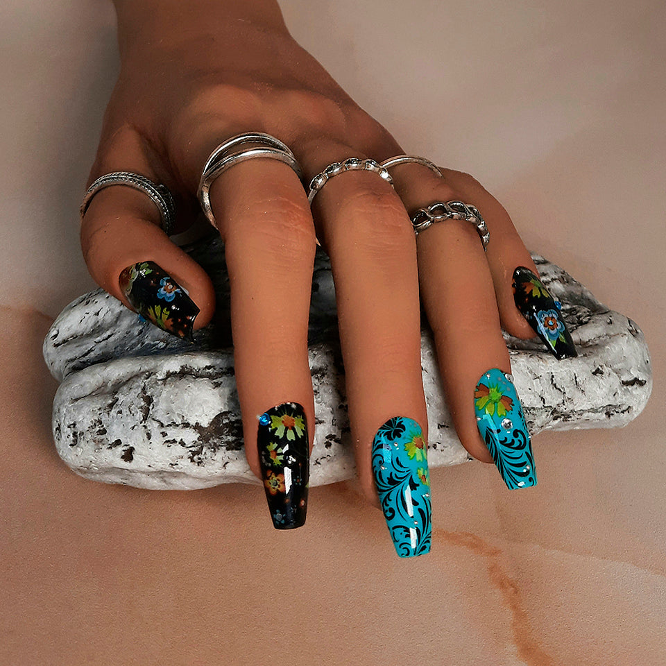 black and teal hand made press on nails with flowers and gems